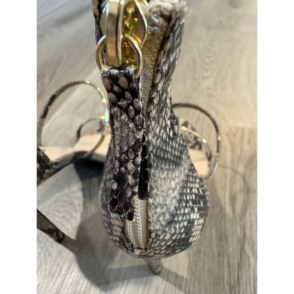 NEW Bebe Berdine Ankle Strap Sandal Snake Skin and Gold Strappy Heels Size 8.5 - Picture 4 of 7